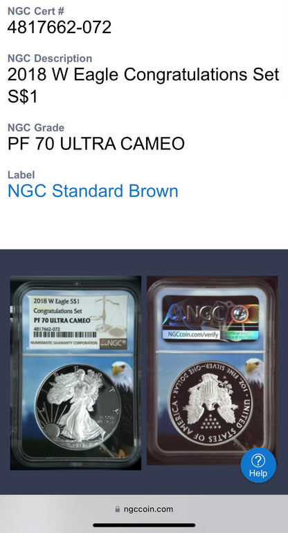 Proof 2018 (W) $1 American Silver Eagle NGC PF70 Congratulations Set Eagle Holder Mint Condition (Rare 1 of 1,331)