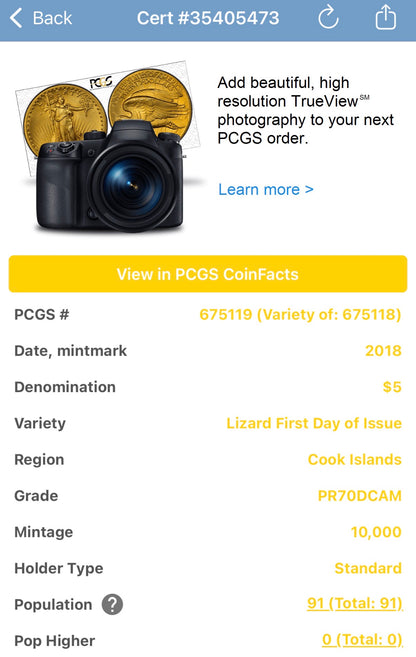 2018 Cook Islands Silver Dollar $5 PCGS FDOI PR70DCAM South African Sungazer Lizard - 24K Gold (1 of 91)