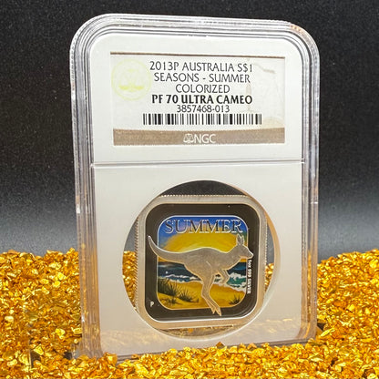 2013 P Silver $1 Australia Silver Dollar NGC PF70UC Four Seasons Square Series - Summer Colorized Beach Scene with Kangaroo (1 of 124)