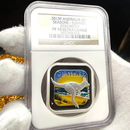 2013 P Silver $1 Australia Silver Dollar NGC PF70UC Four Seasons Square Series - Summer Colorized Beach Scene with Kangaroo (1 of 124)