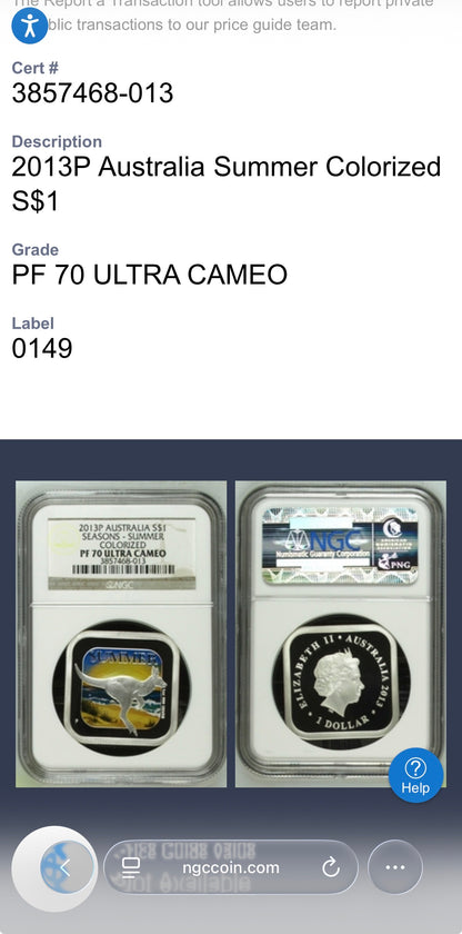 2013 P Silver $1 Australia Silver Dollar NGC PF70UC Four Seasons Square Series - Summer Colorized Beach Scene with Kangaroo (1 of 124)