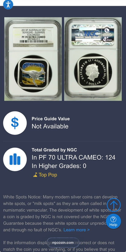 2013 P Silver $1 Australia Silver Dollar NGC PF70UC Four Seasons Square Series - Summer Colorized Beach Scene with Kangaroo (1 of 124)