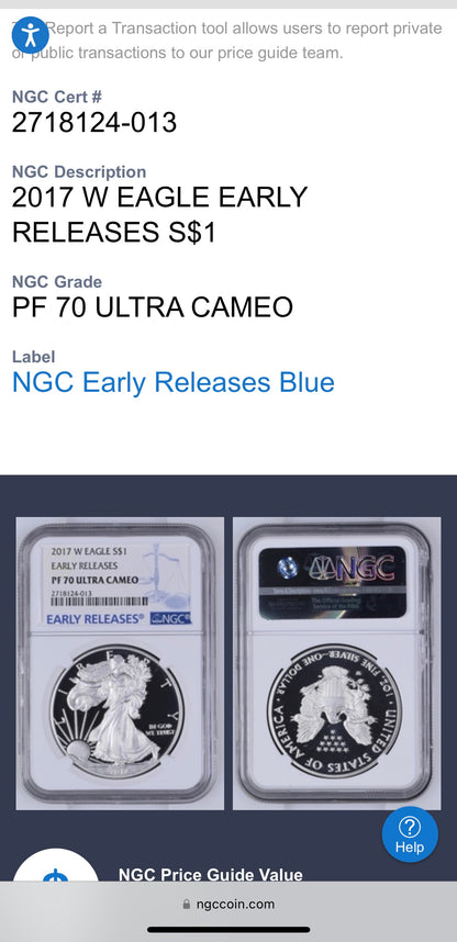 Proof 2017 (W) $1 American Silver Eagle NGC PF70 Early Releases Mint Condition