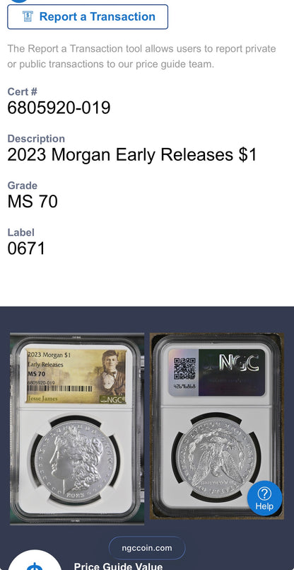 2023 United States Morgan Silver Dollar $1 NGC Early Releases MS70 Jessie James Label Mint! (1 of 7,644)