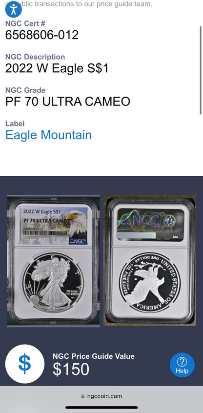 Proof 2022 (W) $1 American Silver Eagle NGC PF70 Eagle Mountain Label (1 of 5,895)