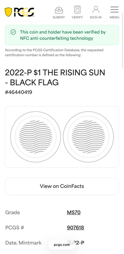 2022-P 1 oz Tuvaluan Silver Dollar $1 PCGS MS70 The Rising Sun - Black Flag (1 of 38)
