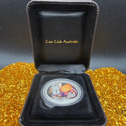2014 1 oz Tuvaluan Silver Dollar $1 Brilliant Uncirculated Mystical Creatures Series - Dragon Colorized, Leather Case, COA