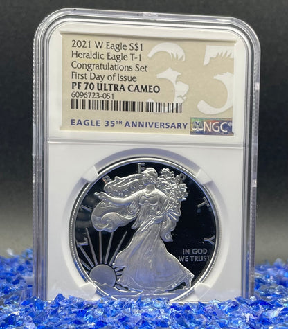 Proof 2021 Type 1 (W) $1 American Silver Eagle NGC PF70 First Day of Issue Congratulations Set 35th Anniversary (1 of 3,141)