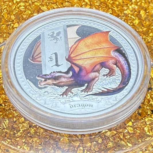 2014 1 oz Tuvaluan Silver Dollar $1 Brilliant Uncirculated Mystical Creatures Series - Dragon Colorized, Leather Case, COA