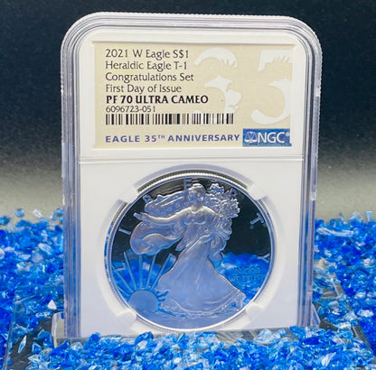 Proof 2021 Type 1 (W) $1 American Silver Eagle NGC PF70 First Day of Issue Congratulations Set 35th Anniversary (1 of 3,141)