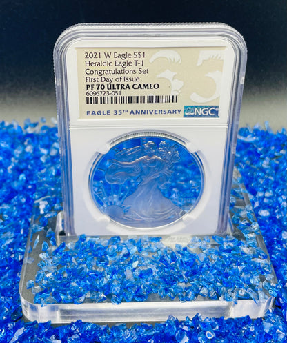 Proof 2021 Type 1 (W) $1 American Silver Eagle NGC PF70 First Day of Issue Congratulations Set 35th Anniversary (1 of 3,141)