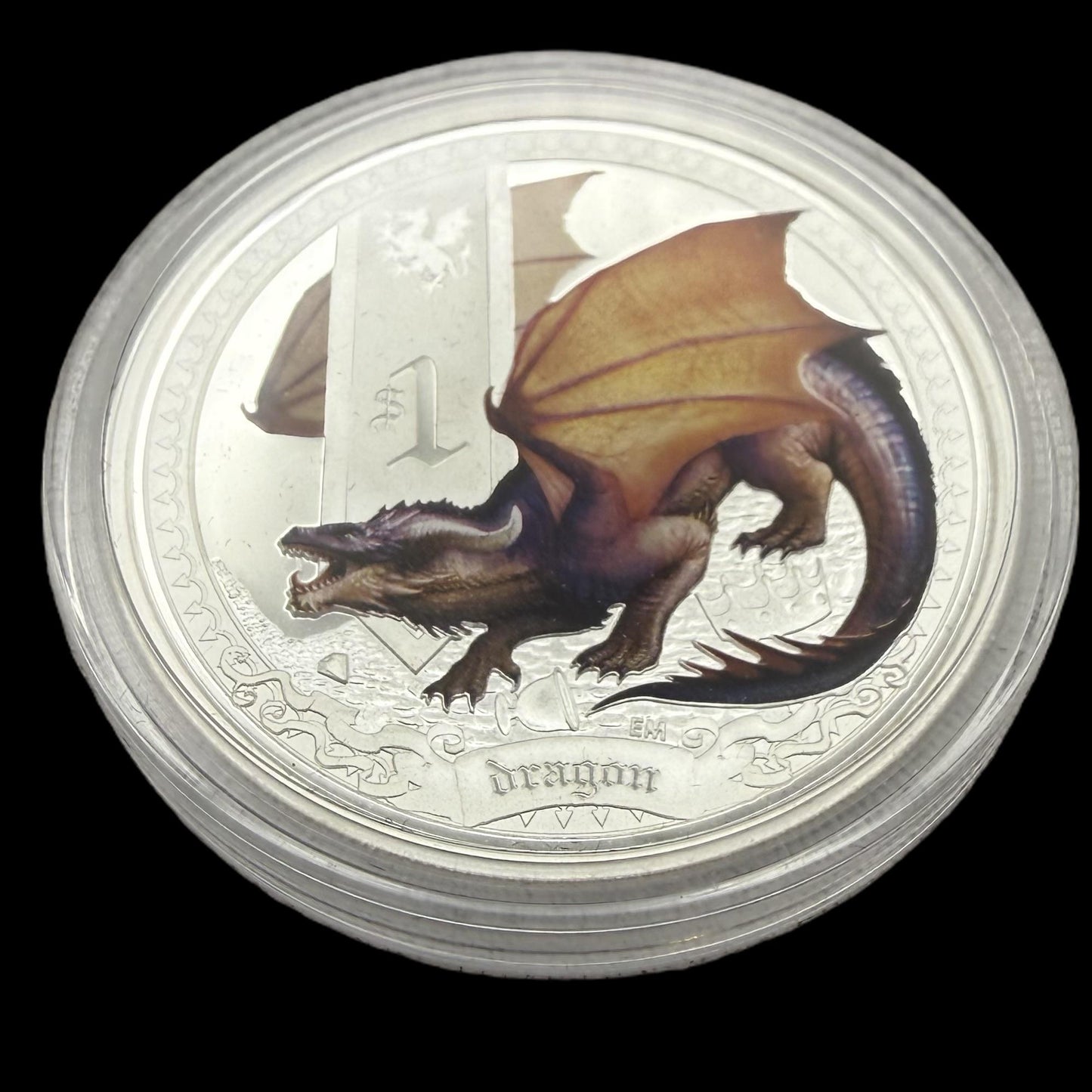 2014 1 oz Tuvaluan Silver Dollar $1 Brilliant Uncirculated Mystical Creatures Series - Dragon Colorized, Leather Case, COA