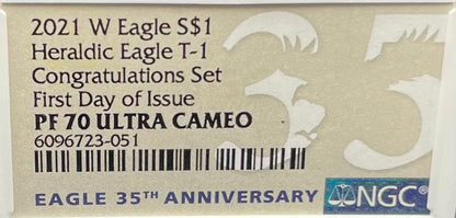 Proof 2021 Type 1 (W) $1 American Silver Eagle NGC PF70 First Day of Issue Congratulations Set 35th Anniversary (1 of 3,141)