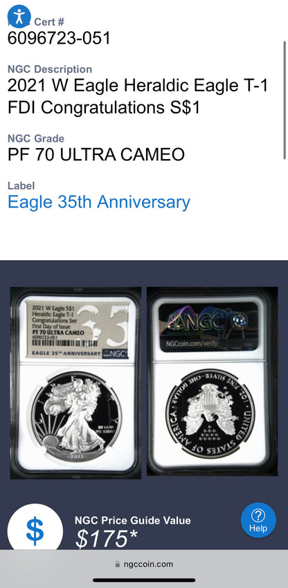 Proof 2021 Type 1 (W) $1 American Silver Eagle NGC PF70 First Day of Issue Congratulations Set 35th Anniversary (1 of 3,141)