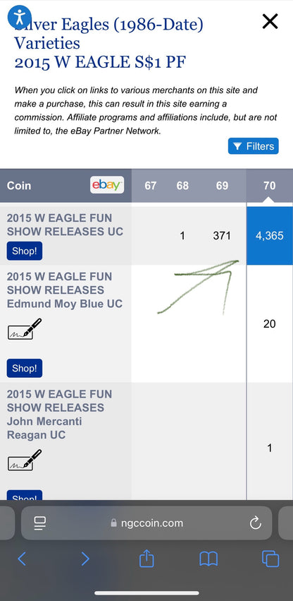 Proof 2015 (W) $1 American Silver Eagle NGC PF70 Fun Show Releases Eagle Mountain Label #372 (1 of 4,365)