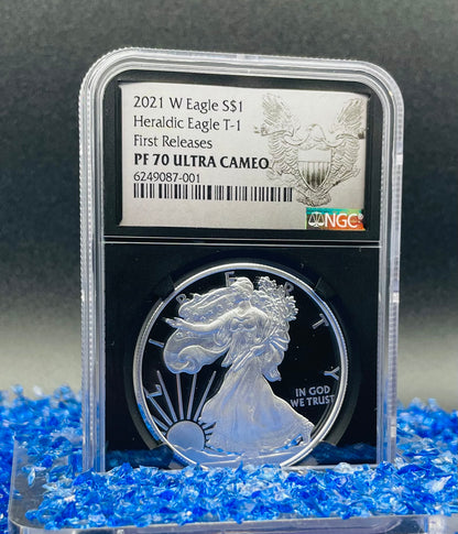 Proof 2021 (W) $1 American Silver Eagle NGC PF70 Type 1 First Releases Heraldic Eagle Label Black Core (1 of 6,854)