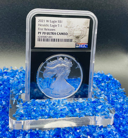 Proof 2021 (W) $1 American Silver Eagle NGC PF70 Type 1 First Releases Heraldic Eagle Label Black Core (1 of 6,854)