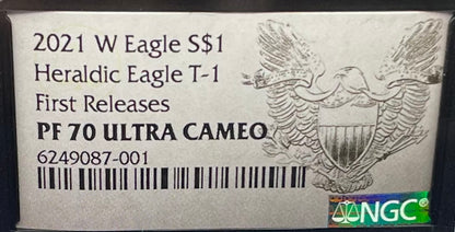 Proof 2021 (W) $1 American Silver Eagle NGC PF70 Type 1 First Releases Heraldic Eagle Label Black Core (1 of 6,854)