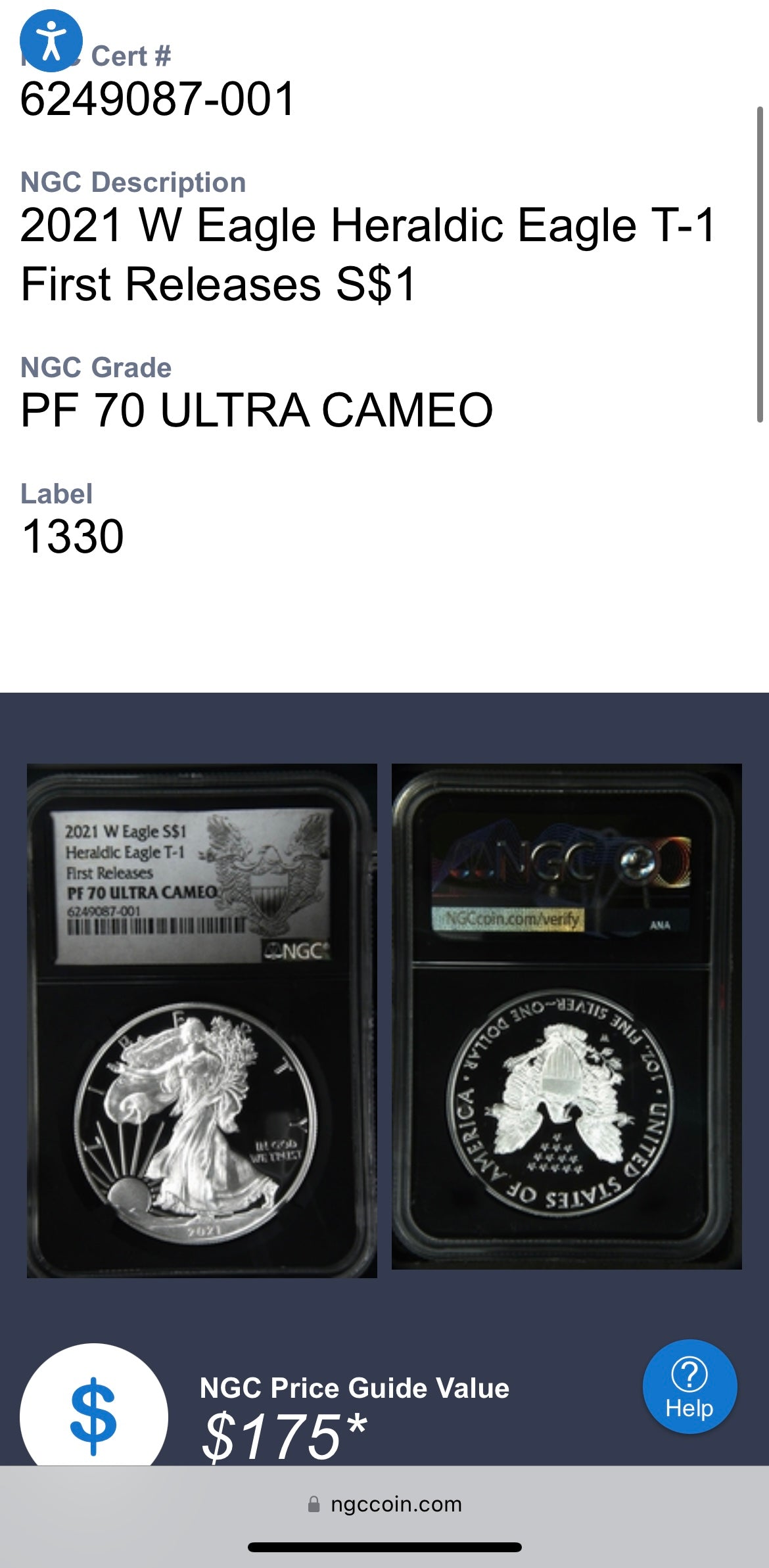 Proof 2021 (W) $1 American Silver Eagle NGC PF70 Type 1 First Releases Heraldic Eagle Label Black Core (1 of 6,854)