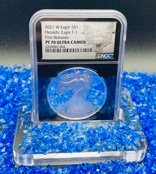 Proof 2021 (W) $1 American Silver Eagle NGC PF70 Type 1 First Releases Heraldic Eagle Label Black Core (1 of 6,854)