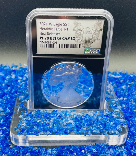 Proof 2021 (W) $1 American Silver Eagle NGC PF70 Type 1 First Releases Heraldic Eagle Label Black Core (1 of 6,854)
