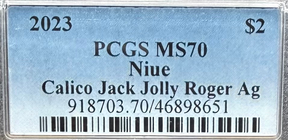 2023 1 oz Niue Silver Dollar $2 PCGS MS70 Skull & Crossbones, Pirate Calico Jack, Jolly Roger (1 of 19) Mint!