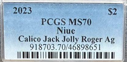 2023 1 oz Niue Silver Dollar $2 PCGS MS70 Skull & Crossbones, Pirate Calico Jack, Jolly Roger (1 of 19) Mint!