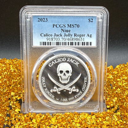 2023 1 oz Niue Silver Dollar $2 PCGS MS70 Skull & Crossbones, Pirate Calico Jack, Jolly Roger (1 of 19) Mint!