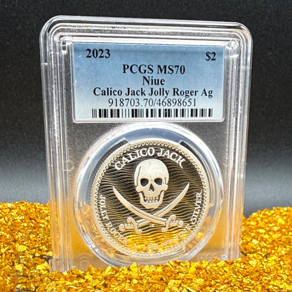 2023 1 oz Niue Silver Dollar $2 PCGS MS70 Skull & Crossbones, Pirate Calico Jack, Jolly Roger (1 of 19) Mint!