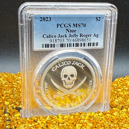 2023 1 oz Niue Silver Dollar $2 PCGS MS70 Skull & Crossbones, Pirate Calico Jack, Jolly Roger (1 of 19) Mint!