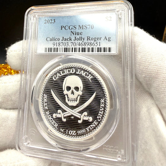 2023 1 oz Niue Silver Dollar $2 PCGS MS70 Skull & Crossbones, Pirate Calico Jack, Jolly Roger (1 of 19) Mint!