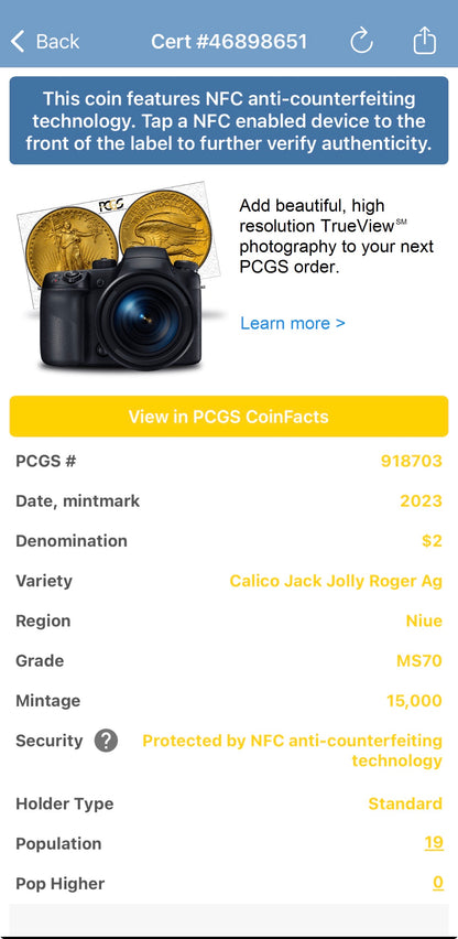 2023 1 oz Niue Silver Dollar $2 PCGS MS70 Skull & Crossbones, Pirate Calico Jack, Jolly Roger (1 of 19) Mint!