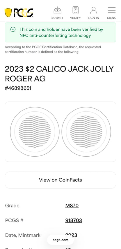 2023 1 oz Niue Silver Dollar $2 PCGS MS70 Skull & Crossbones, Pirate Calico Jack, Jolly Roger (1 of 19) Mint!