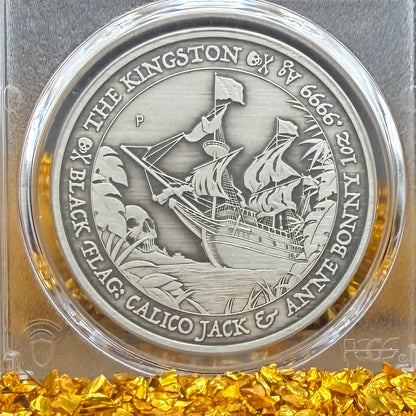 2024-P 1 oz Tuvaluan Silver Dollar $1 PCGS MS70 Pirate Ship - The Kingston Black Flag Antique Finish (1 of 92) Mint!