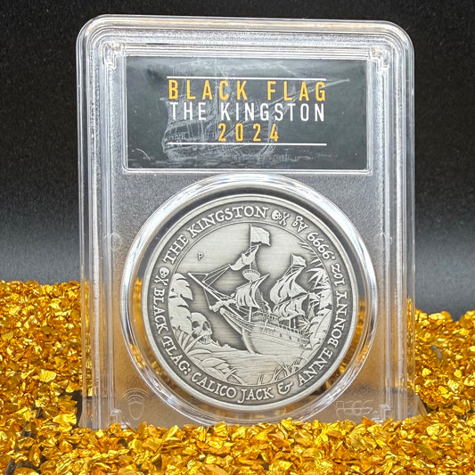2024-P 1 oz Tuvaluan Silver Dollar $1 PCGS MS70 Pirate Ship - The Kingston Black Flag Antique Finish (1 of 92) Mint!