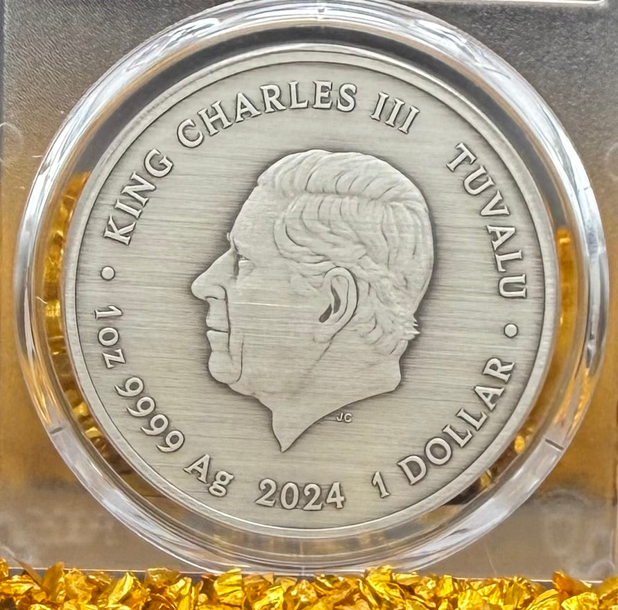 2024-P 1 oz Tuvaluan Silver Dollar $1 PCGS MS70 Pirate Ship - The Kingston Black Flag Antique Finish (1 of 92) Mint!