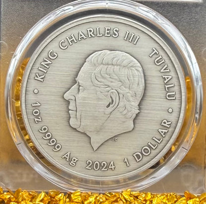 2024-P 1 oz Tuvaluan Silver Dollar $1 PCGS MS70 Pirate Ship - The Kingston Black Flag Antique Finish (1 of 92) Mint!