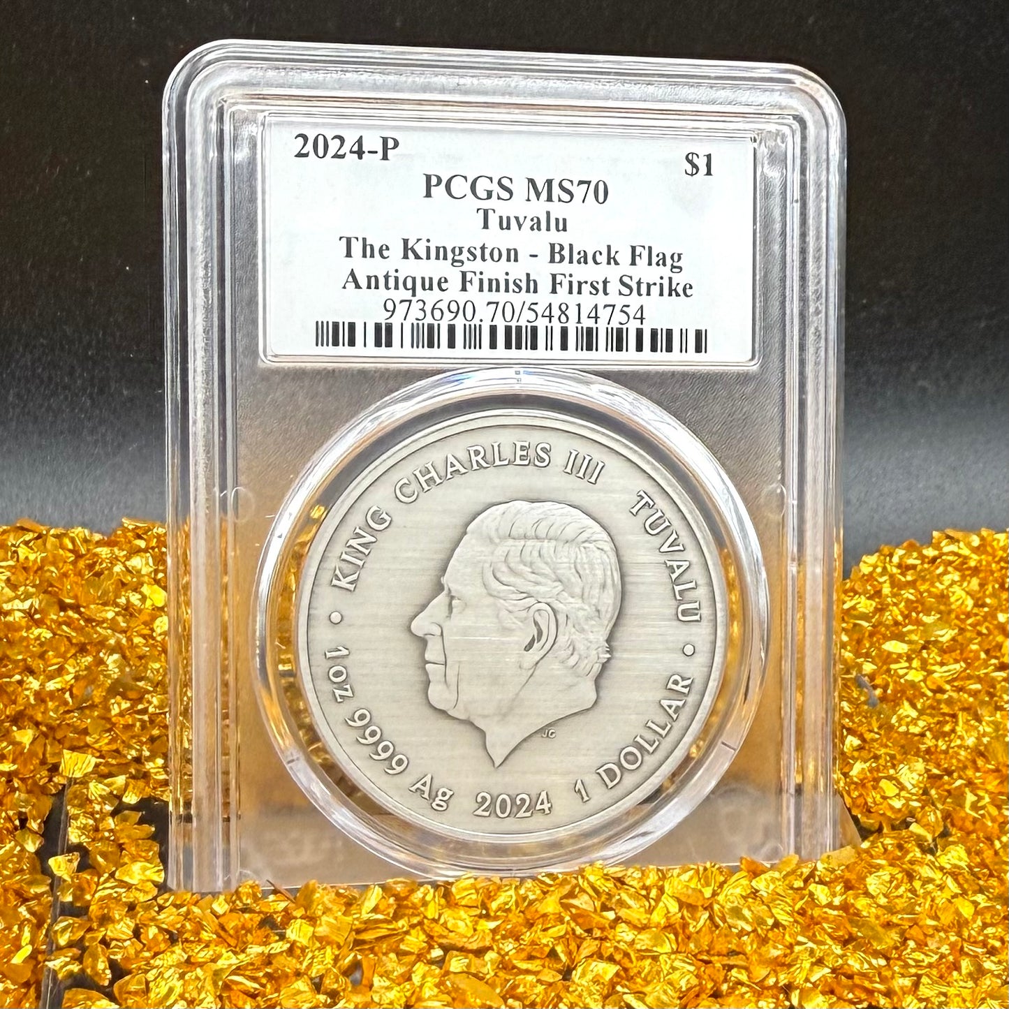 2024-P 1 oz Tuvaluan Silver Dollar $1 PCGS MS70 Pirate Ship - The Kingston Black Flag Antique Finish (1 of 92) Mint!