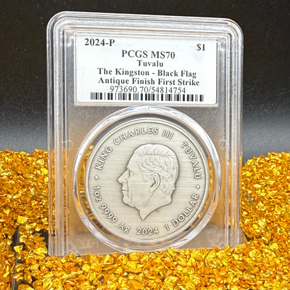 2024-P 1 oz Tuvaluan Silver Dollar $1 PCGS MS70 Pirate Ship - The Kingston Black Flag Antique Finish (1 of 92) Mint!