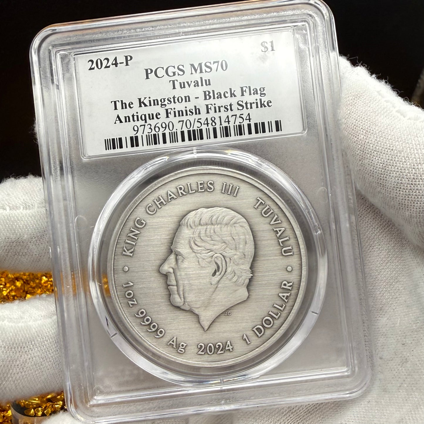 2024-P 1 oz Tuvaluan Silver Dollar $1 PCGS MS70 Pirate Ship - The Kingston Black Flag Antique Finish (1 of 92) Mint!
