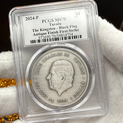 2024-P 1 oz Tuvaluan Silver Dollar $1 PCGS MS70 Pirate Ship - The Kingston Black Flag Antique Finish (1 of 92) Mint!