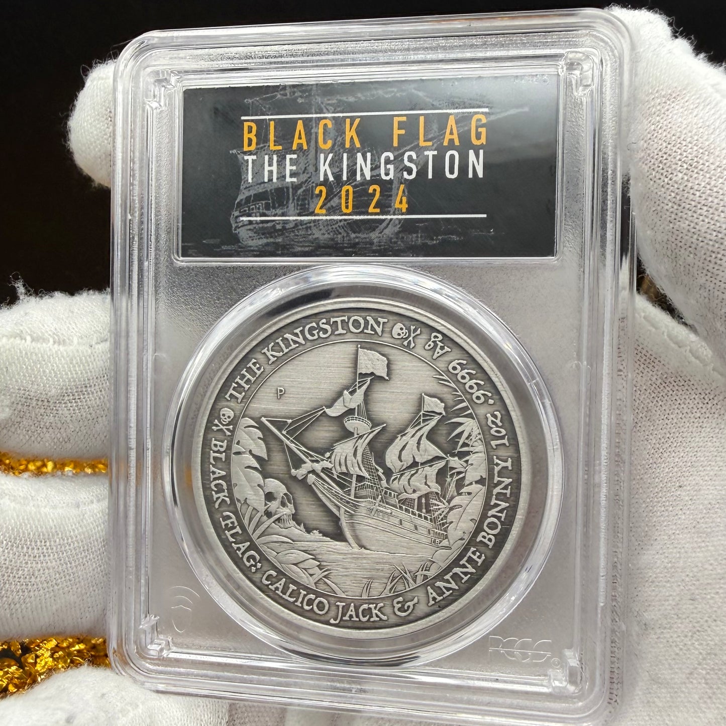 2024-P 1 oz Tuvaluan Silver Dollar $1 PCGS MS70 Pirate Ship - The Kingston Black Flag Antique Finish (1 of 92) Mint!