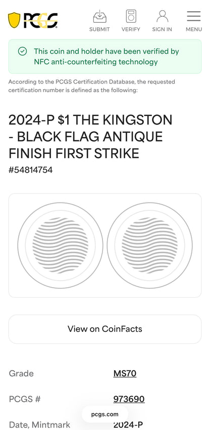 2024-P 1 oz Tuvaluan Silver Dollar $1 PCGS MS70 Pirate Ship - The Kingston Black Flag Antique Finish (1 of 92) Mint!