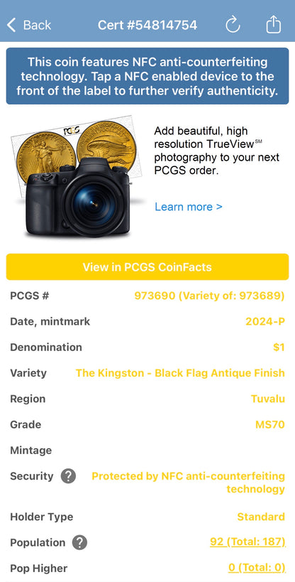 2024-P 1 oz Tuvaluan Silver Dollar $1 PCGS MS70 Pirate Ship - The Kingston Black Flag Antique Finish (1 of 92) Mint!