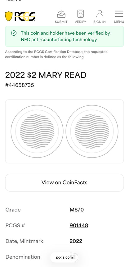 2022 1 oz Solomon Islands Silver Dollar $2 PCGS MS70 Pirate Mary Read (1 of 16)