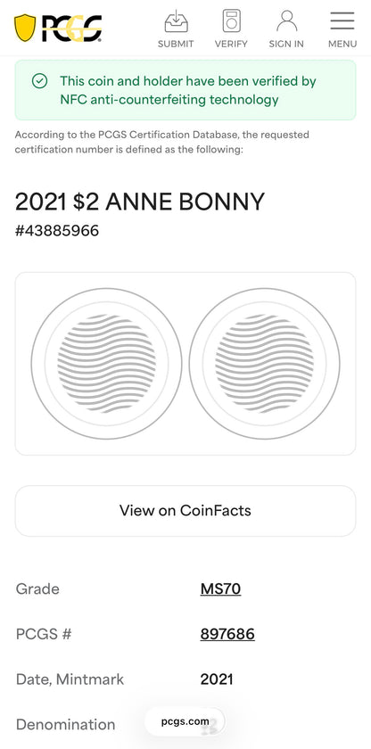 2021 1 oz Solomon Islands Silver Dollar $2 PCGS MS70 Pirate Anne Bonny (1 of 8) Mint!