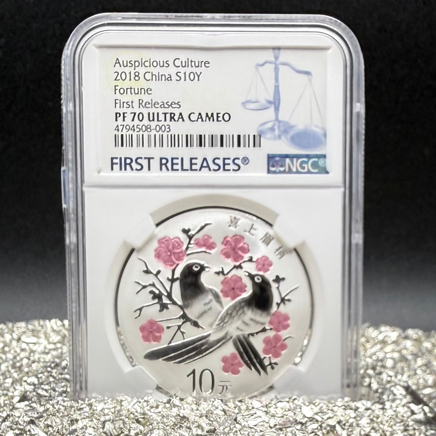 2018 China Silver 10 Yuan NGC First Releases PF70UC Auspicious Culture Fortune Two Magpies Singing in the Plum Blossoms (1 of 105) Mint