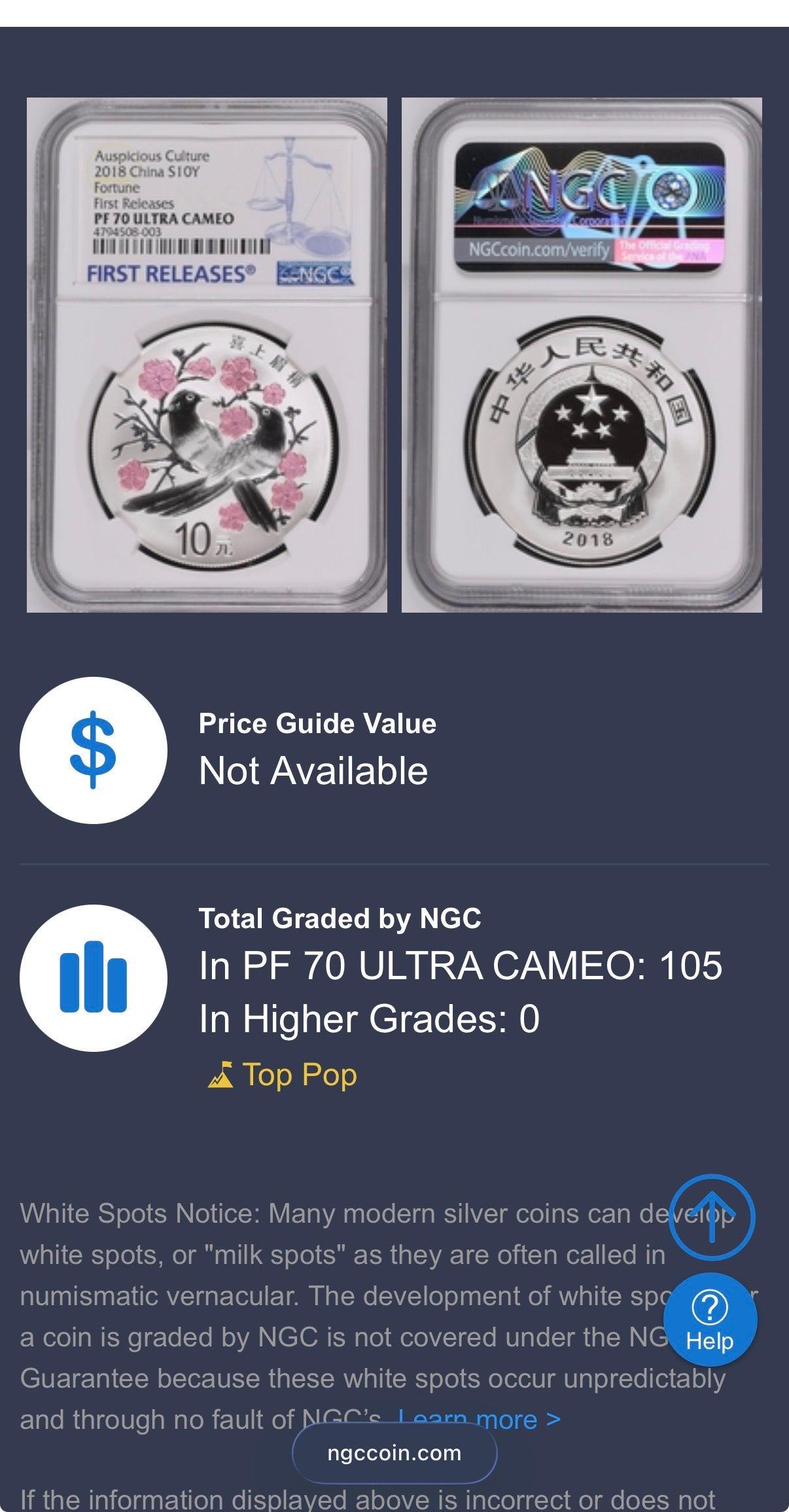 2018 China Silver 10 Yuan NGC First Releases PF70UC Auspicious Culture Fortune Two Magpies Singing in the Plum Blossoms (1 of 105) Mint