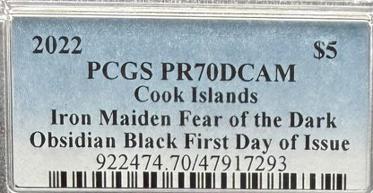 2022 1 oz $5 Cook Islands Silver Dollar PCGS PR70DCAM FDOI Iron Maiden Fear of the Dark Black Obsidian Finish (1 of 62)