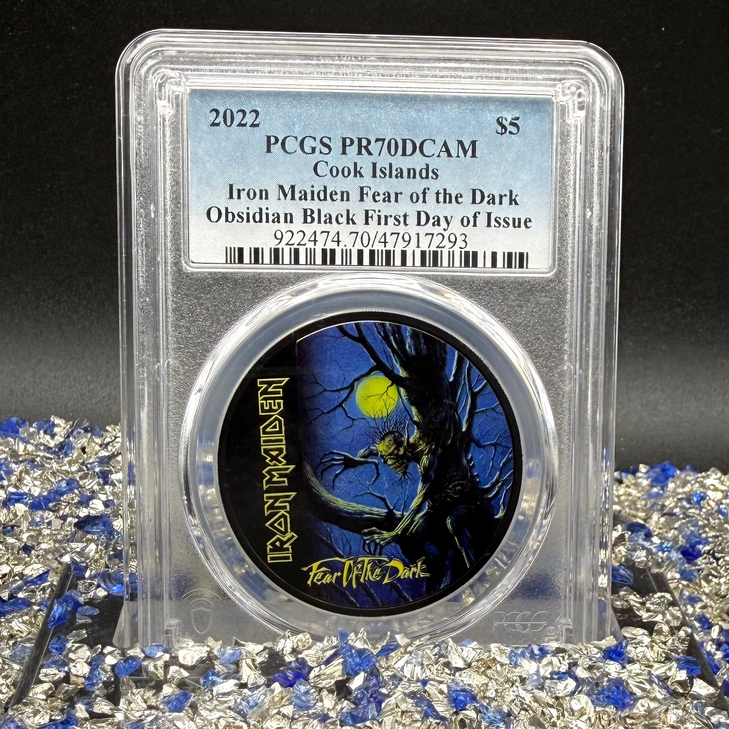2022 1 oz $5 Cook Islands Silver Dollar PCGS PR70DCAM FDOI Iron Maiden Fear of the Dark Black Obsidian Finish (1 of 62)